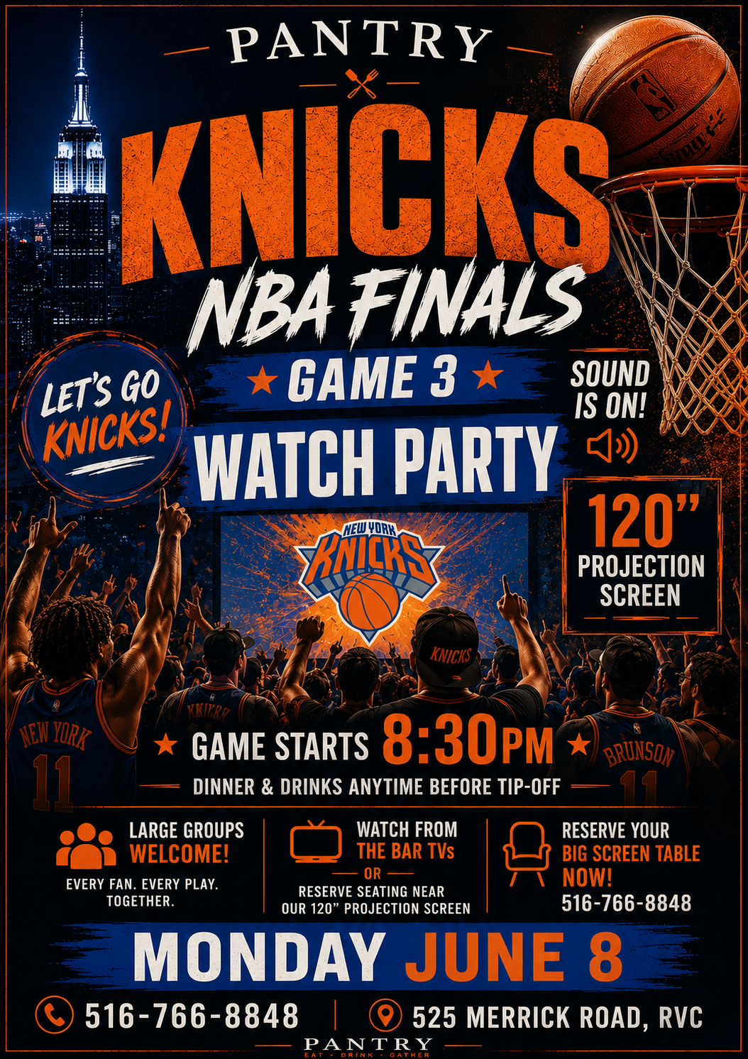 NBA Finals Knicks watch party Game 3 on June 8, 2026.