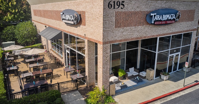 Exterior, aerial view to restaurant corner