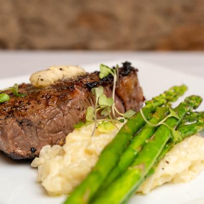 Beef Tenderloin w/ Bearnaisse Butter, Parmesan Risotto and Asparagus