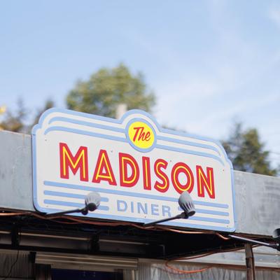 The restaurant's name on the side of the building.