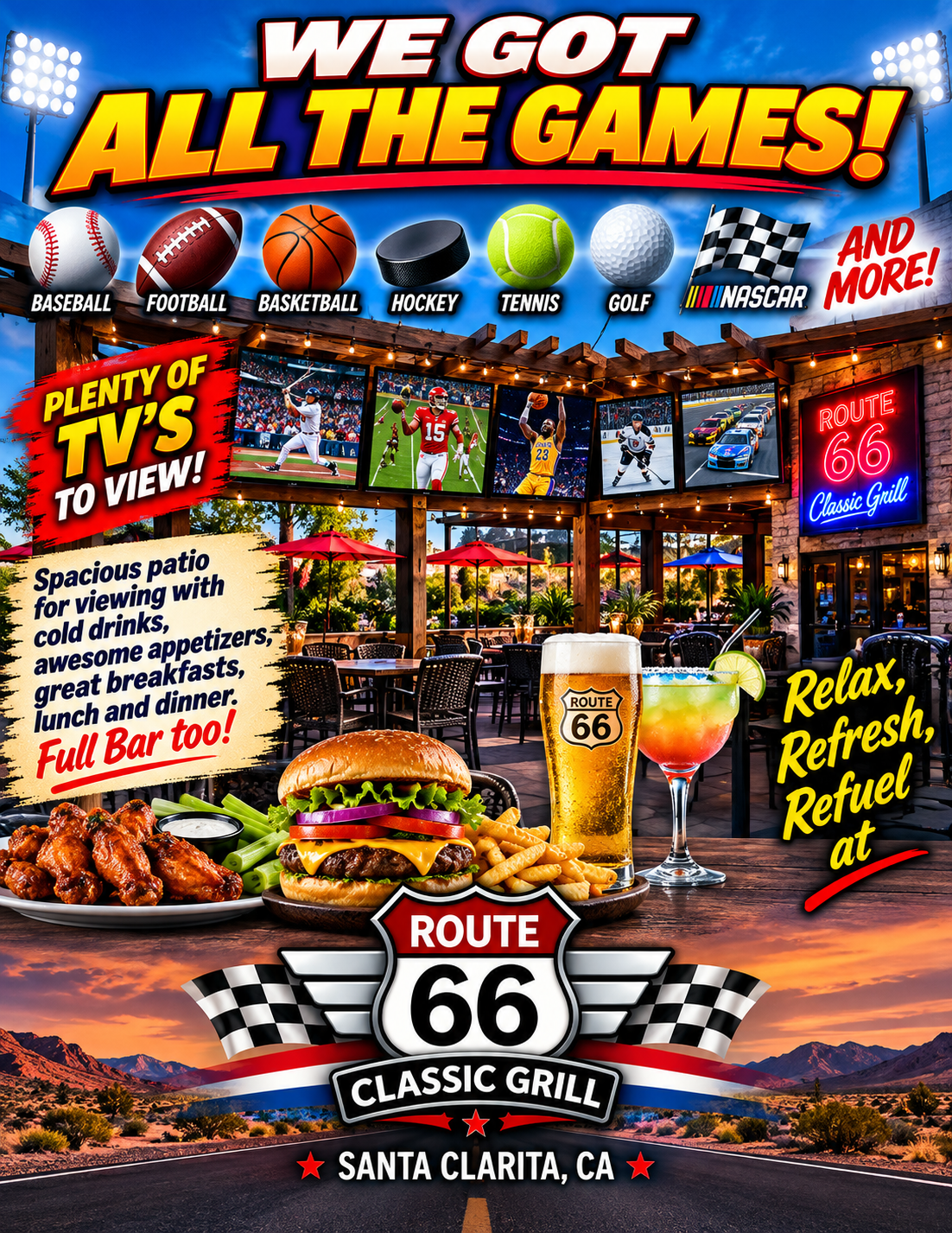 Come watch and listen to all the sports on TV's at Route 66 Classic Grill