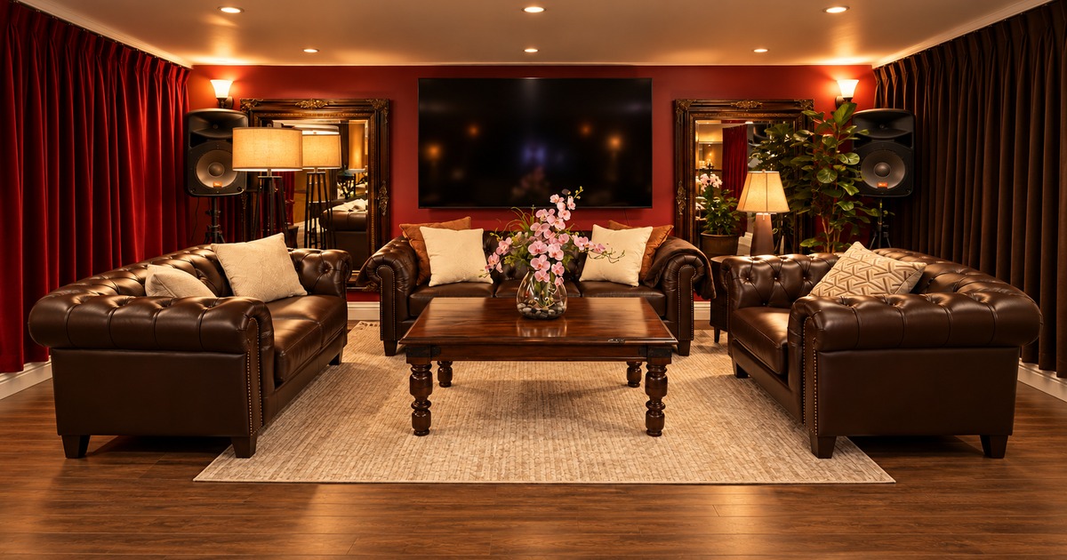 Elegant lounge with burgundy walls, leather sofas, large TV, warm lighting, and AV equipment.