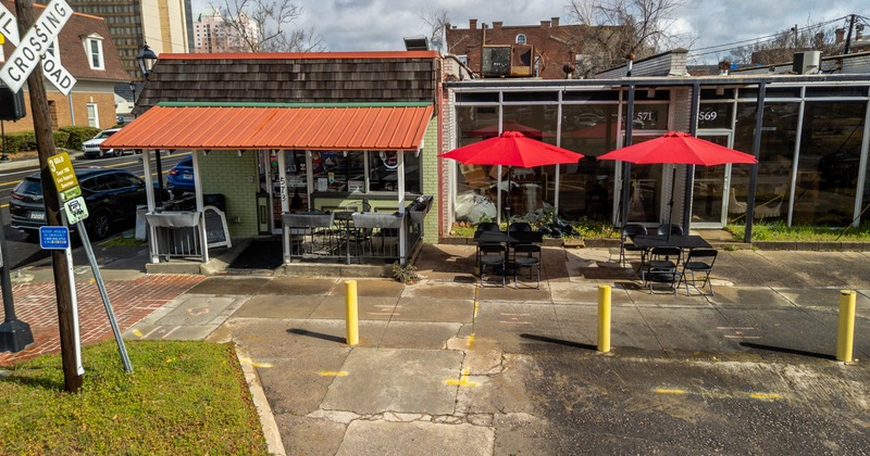 A wide shot of the restaurant building
