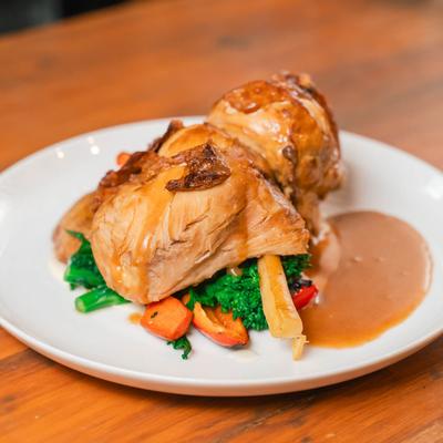 Lemon garlic chicken, carrots, brussels, and parsnip, with gravy.