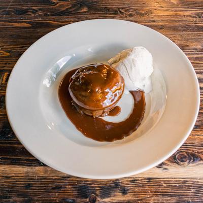 Warm sticky toffee pudding.