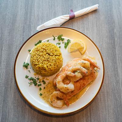 Salmon and Shrimp Scampi with rice.