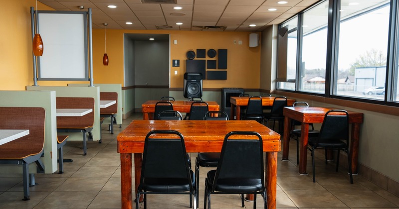 Interior, tables, chairs and seating booths