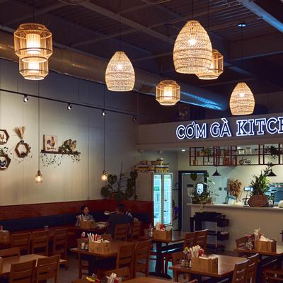 The interior, tables, chairs, lights.