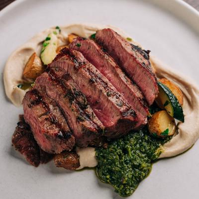 Grilled Flat Iron* (GF, VA) img White Bean Hummus, Zucchini, Baby Potatoes, Zhoug.