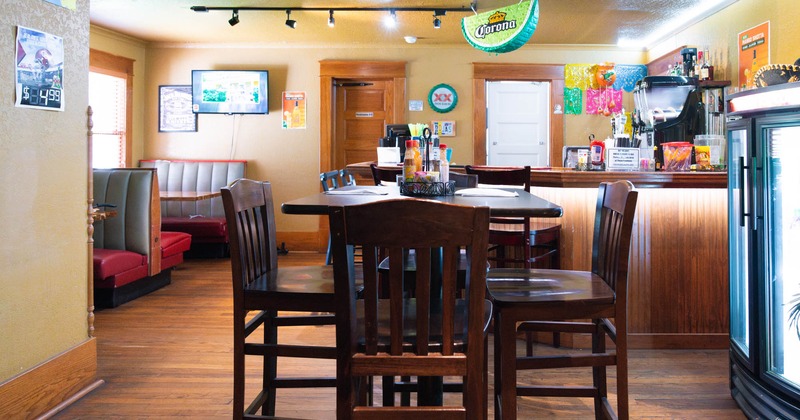Interior, tall table and bar stools