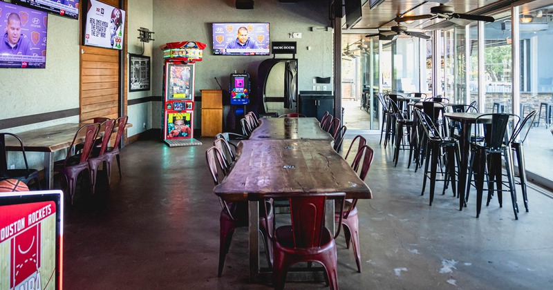 Interior, seating area, punch boxing machine in the back