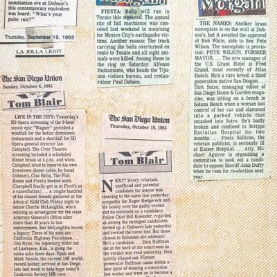 Cutout articles by Tom Blair from The San Diego Union newspaper