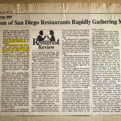 An old newspaper restaurant review for San Diego eateries