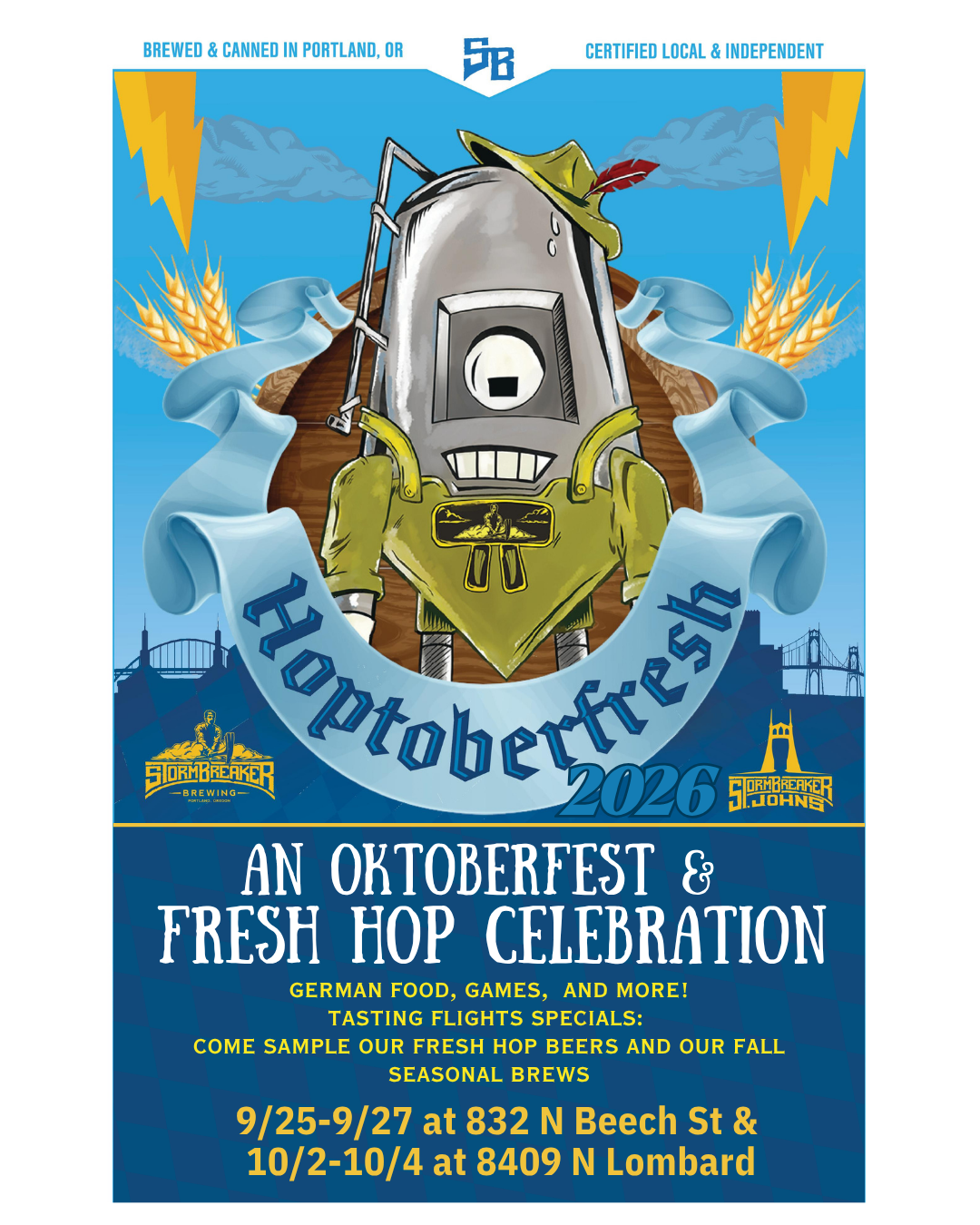 Hoptoberfresh 2026 poster: An Oktoberfest and Fresh Hop Celebration at StormBreaker Brewing.
