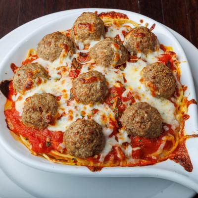 Baked pasta dish topped with meatballs and melted cheese.