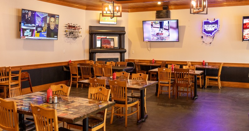 Interior, diner area, tables and chairs