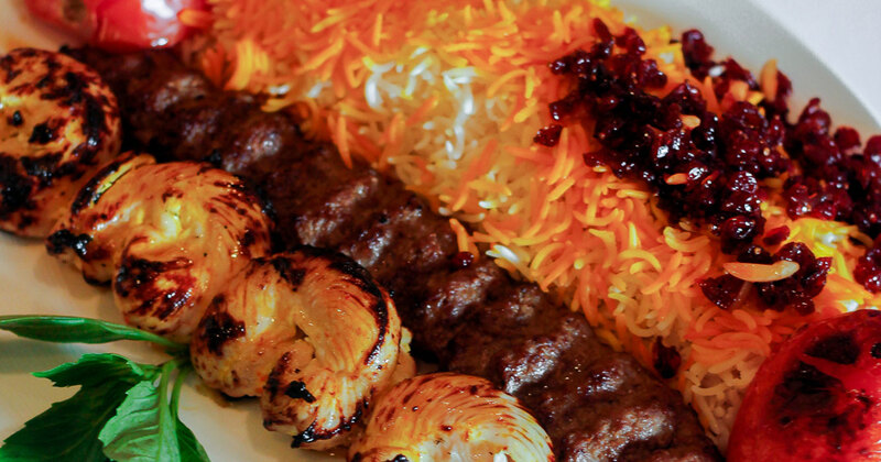 Kebab, rice and sides dish