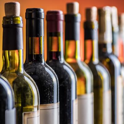 A close-up of assorted wine bottles