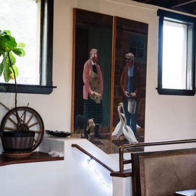 Artwork featuring an older couple, a dog and geese, on the indoor wall.