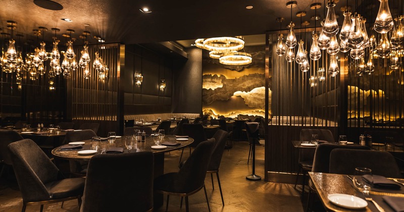 Interior, dining area, round table for six, large dining room in the back