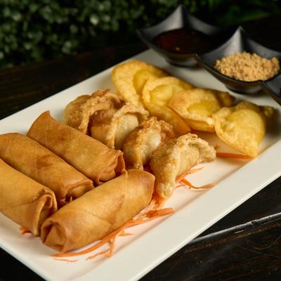 Spring rolls, cheese wontons, and potstickers.