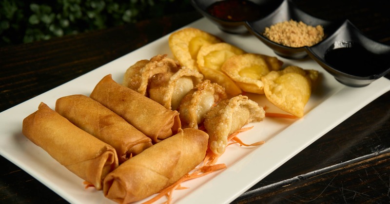 Spring rolls, cheese wontons, and pot stickers