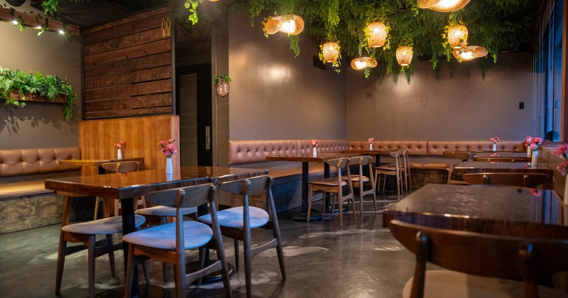 Cozy cafe interior with wooden furniture