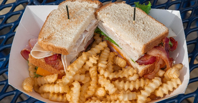 Turkey club sandwich served atop fries