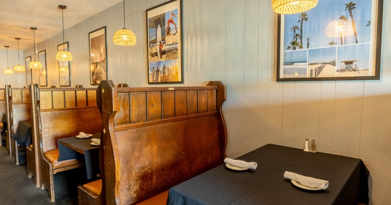 Interior, restaurant booths near wall