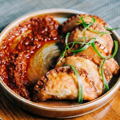 Chicken Momo dish, close view.