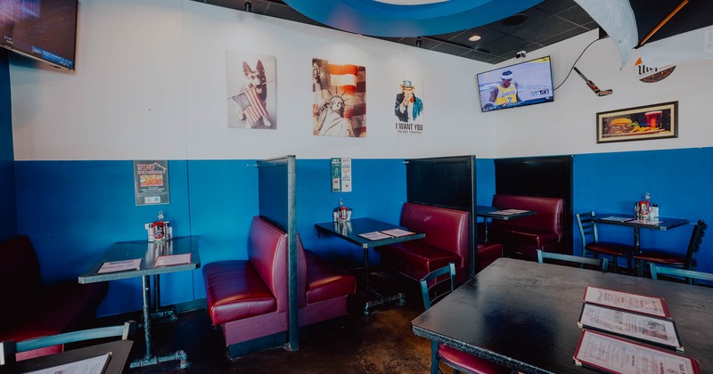 Seating booths, tables and chairs