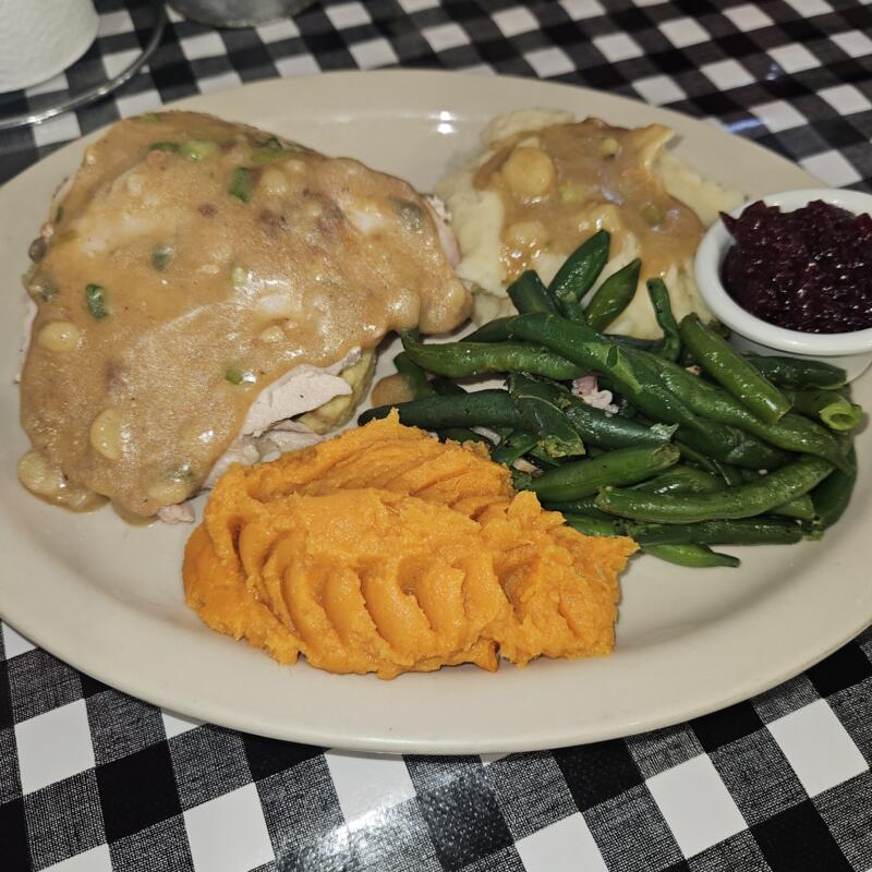 Turkey, Dressing, Mash Potatoes, Yams, Greenbeans, & Cranberry Sauce photo