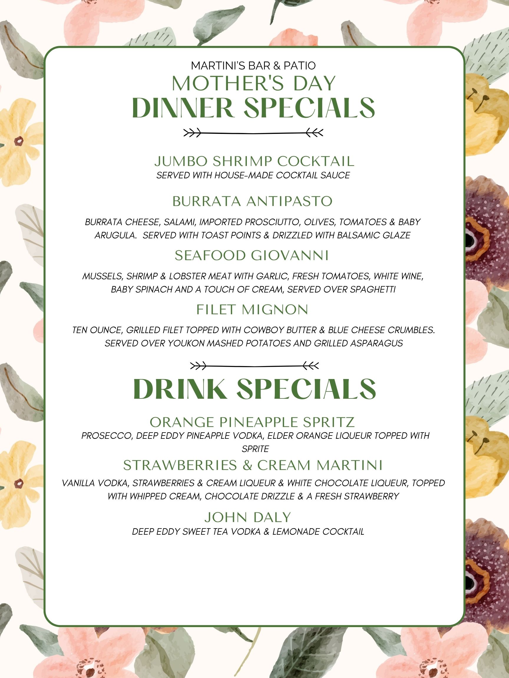 Mother's Day menu 2026
