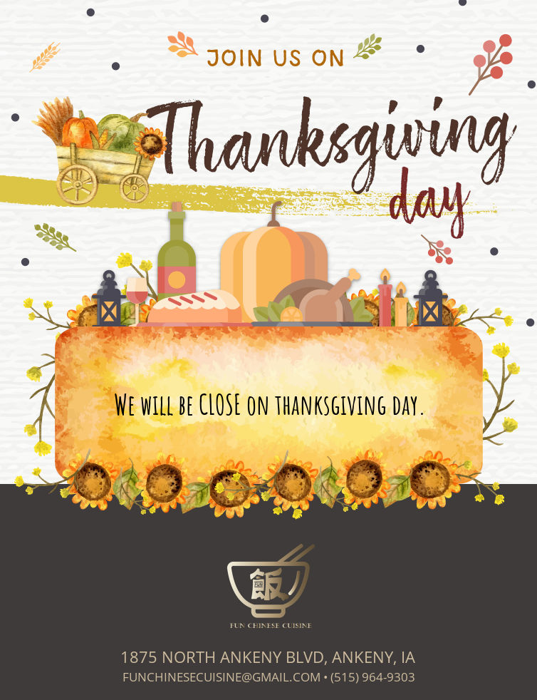 We will be close from 26-28th for Thanksgiving. Sorry for any inconvenience. Happy Holiday!!!