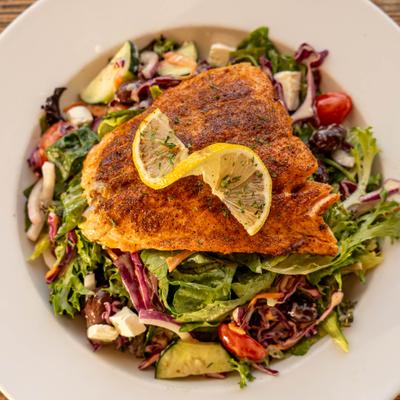 Grilled salmon over a mixed greens salad with cucumbers, and tomatoes.