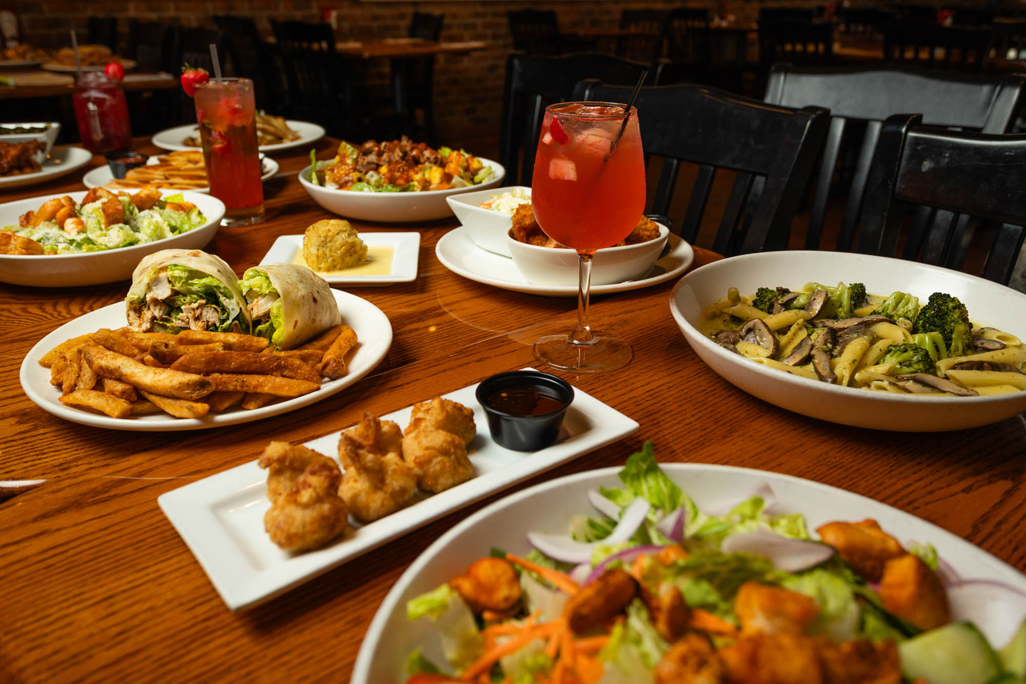 Different food dishes served on the table