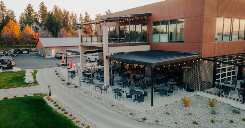 Drone view of outdoor restaurant patio and private balcony