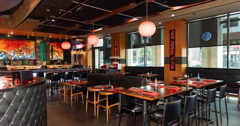 Interior, seating area, tables ready for guests