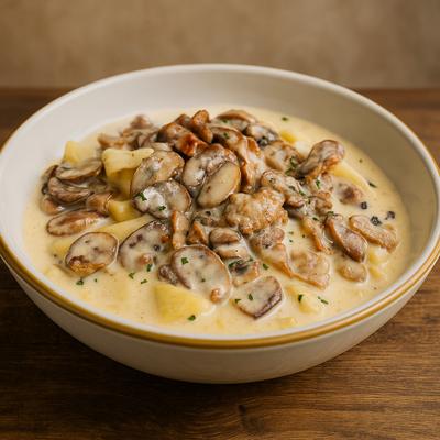 Pappardelle - Wide Ribbon Pasta in a Mushroom Cream Sauce topped with Pancetta.