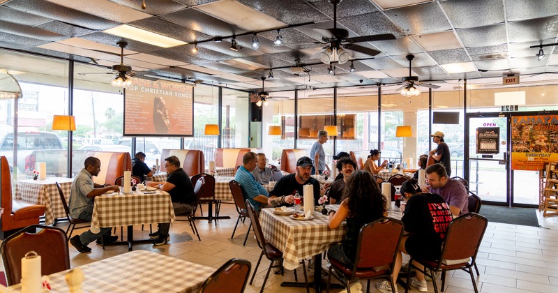 Interior, diner area, wide view, tables, chairs