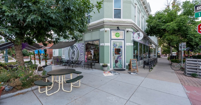 Exterior, entrance, patio, dining tables