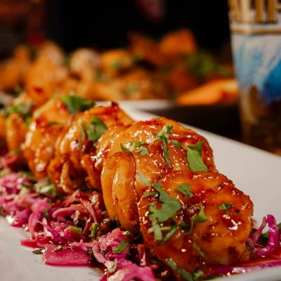 Buffalo Shrimp appetizer, close-up.