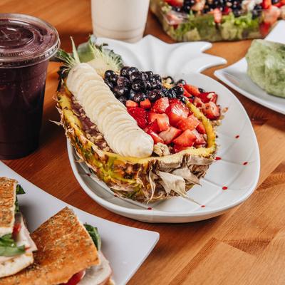 Different dishes and smoothies, served.