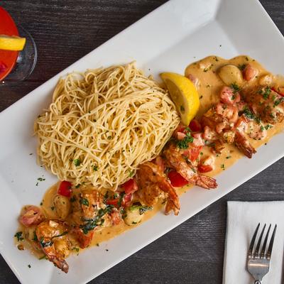 Sauteed fried shrimp and Angel hair pasta.