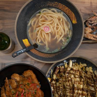 Various Japanese dishes, top view.