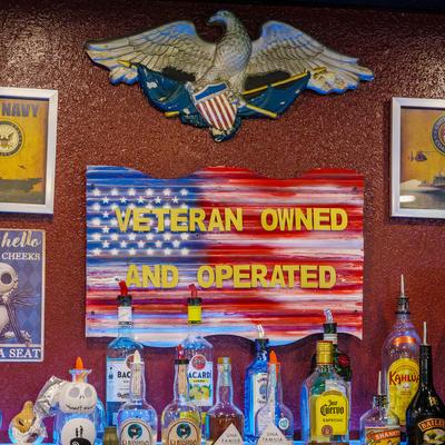 Back bar decor and bottles of liquor.