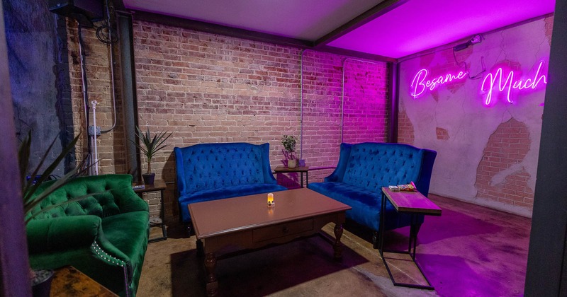 Interior, seating place with neon sign on the wall