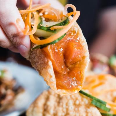 fresh poke tacos in  a wonton shell.