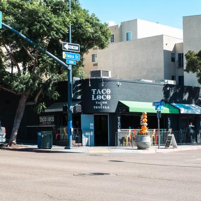 Taco Loco restaurant exterior on India Street with outdoor seating.