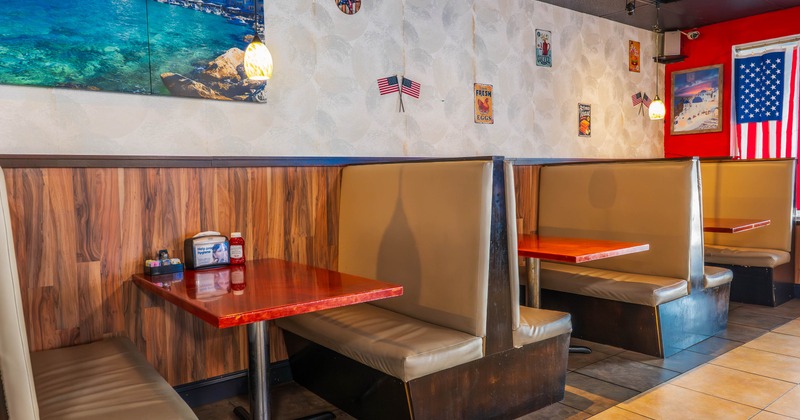 Interior, booths, wooden tables, and various decorations